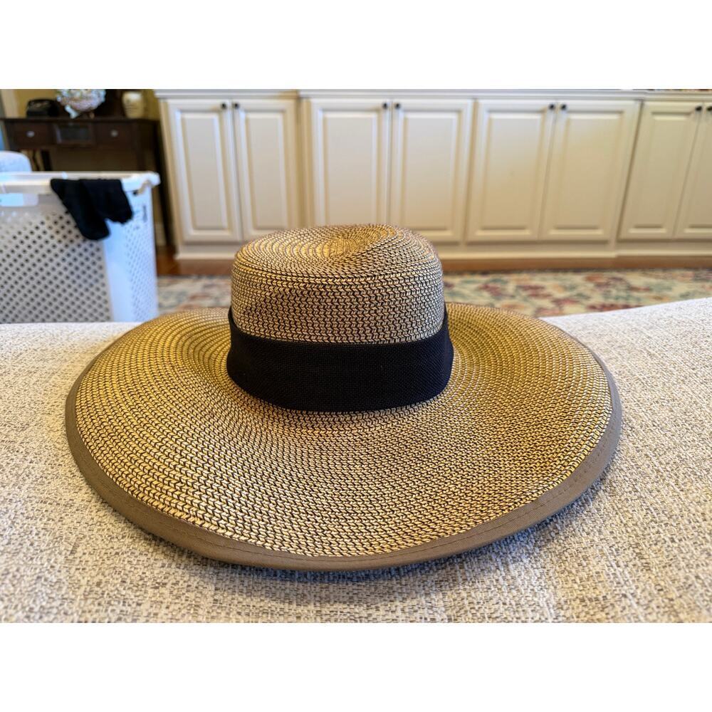 HBY Miami Straw Sun Hat Black Ribbon Bow 100% Straw Sz S/M - Picture 3 of 7